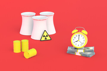 Alarm clock and money near barrels with toxic substance. Payment and time of storage or disposal of radiation waste. Buying or selling radioactive elements. The cost of electricity. 3d rendering