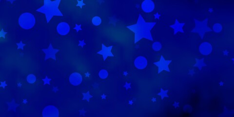 Dark BLUE vector background with circles, stars.