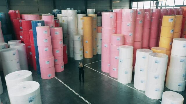 Female worker observing a warehouse full of large paper rolls