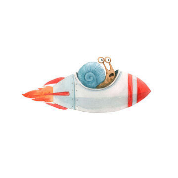 Beautiful stock illustration with cute watercolor snail on rocket. Animal hand drawn painting.