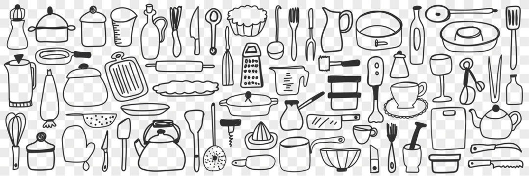 Various dishes and kitchen utensil doodle set. Collection of hand drawn cutting boards, grater, tableware, kettle coffee pot, cooking pan, containers for kitchen isolated on transparent background