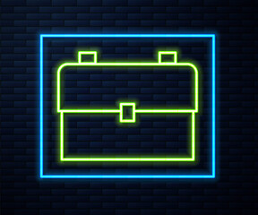 Glowing neon line School backpack icon isolated on brick wall background. Vector Illustration.