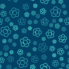 Green line Flower icon isolated seamless pattern on blue background. Vector Illustration.