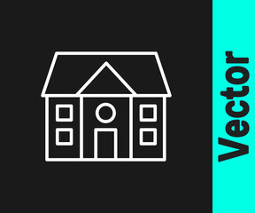 White line House icon isolated on black background. Home symbol. Vector Illustration.