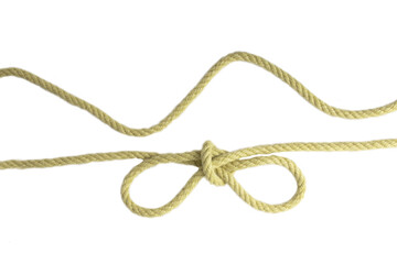 Closeup of a node or knot and two ropes isolated on a white background. Navy and angler knot.