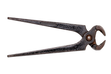Carpenter tools isolated.  Old open rusty pinching pliers to used for removing nails from wood....