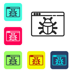 Black line System bug concept icon isolated on white background. Code bug concept. Bug in the system. Bug searching. Set icons in color square buttons. Vector.