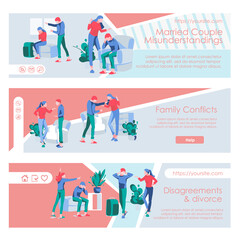 Family conflicts landing page templates set. Couple quarreling and arguing horizontal web banner. Misunderstanding between spouses, relationship breakup, divorce concept flat vector illustration