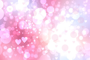 Wedding or valentine day card template. Abstract festive blur bright pink pastel background with pink hearts love bokeh and stars for wedding day.  Romantic textured backdrop with space.