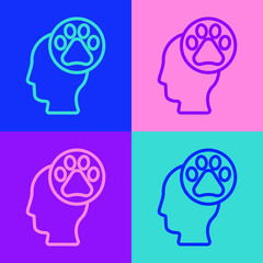 Pop art line Human head with animals footprint icon isolated on color background. Pet paw in heart. Love to the animals. Vector.
