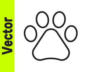 Black line Paw print icon isolated on white background. Dog or cat paw print. Animal track. Vector.