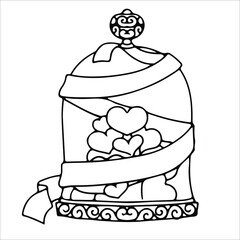 simple drawing of a jar or container with hearts inside for coloring. Elemet from the doodle style set. romance, spring or valentine's day. vector illustration isolated on white background