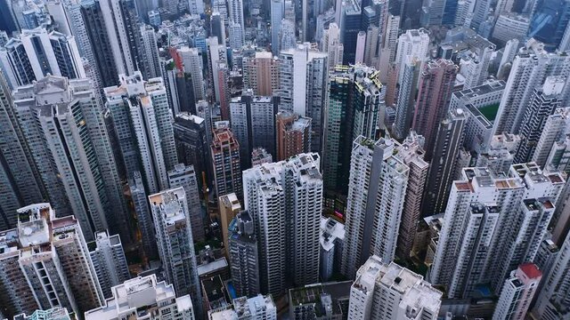 Aerial overhead view of Hong Kong high rise skyscrapers and residential district