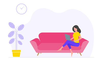 Woman sitting on a sofa or couch and working at a laptop. Home office, freelance or online studying concept. Vector illustration.