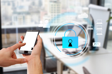 Cyber security network concept. Hand using smartphone with master key connect world networking...