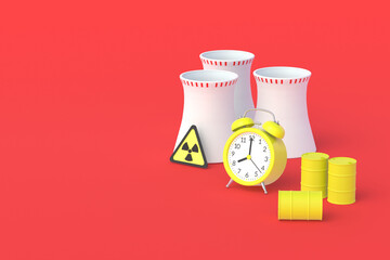 Nuclear power plant and barrels with radioactive waste near clock and sign. Payment and time of storage or disposal of toxic waste. Shelf life of radiation elements. 3d rendering