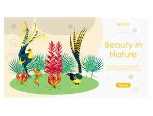 Exotic birds landing page template. Jungle tropical fauna, paradise nature website, homepage. Toucan bird, plants and beautiful flowers flat vector illustration