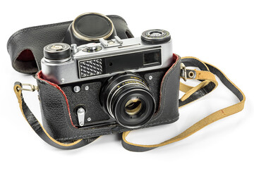 Vintage analog camera in leather case on white background