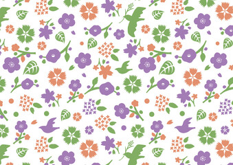 鳥と花_模様_シームレス02