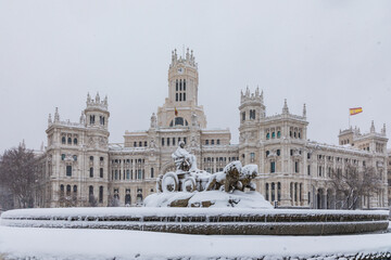 Fototapeta na wymiar people enjoying the streets of snow, in the city of Madrid, covered by the storm philomena