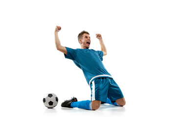 Champion. Funny emotions of professional soccer player isolated on white studio background....