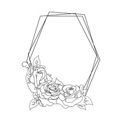 Vector hexagonal wreath with bouquet of outline Roses flowers isolated on white background. Hand drawn rose petals and leaves. Floral frame. Graphic elements for cut, print, logo, monograms.