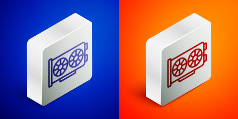Isometric line Video graphic card icon isolated on blue and orange background. Silver square button. Vector.
