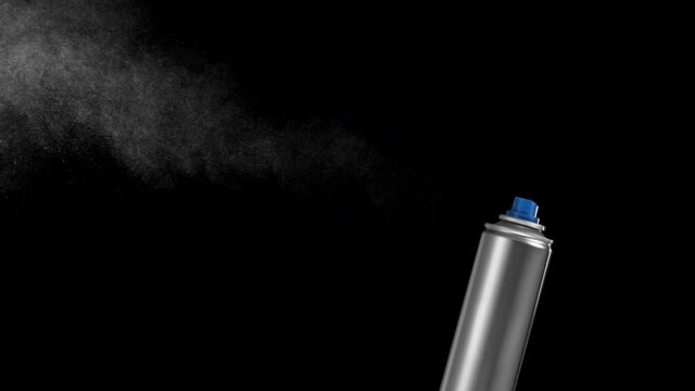 unlabeled silver Aerosol can exhausting on black with alpha channel, VFX plate,spray blast on black background, fountain of vaporized foam particles. stabilized locked shot, alpha channel of spray inc