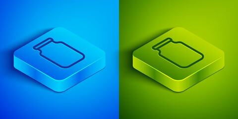 Isometric line Glass jar with screw-cap icon isolated on blue and green background. Square button. Vector.