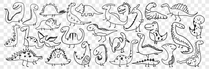Funny dinosaurs doodle set. Collection of hand drawn funny cute dinosaur of various shapes and ages enjoying life feeling happy isolated on transparent background. Illustration of dinosaur for kids © drawlab19