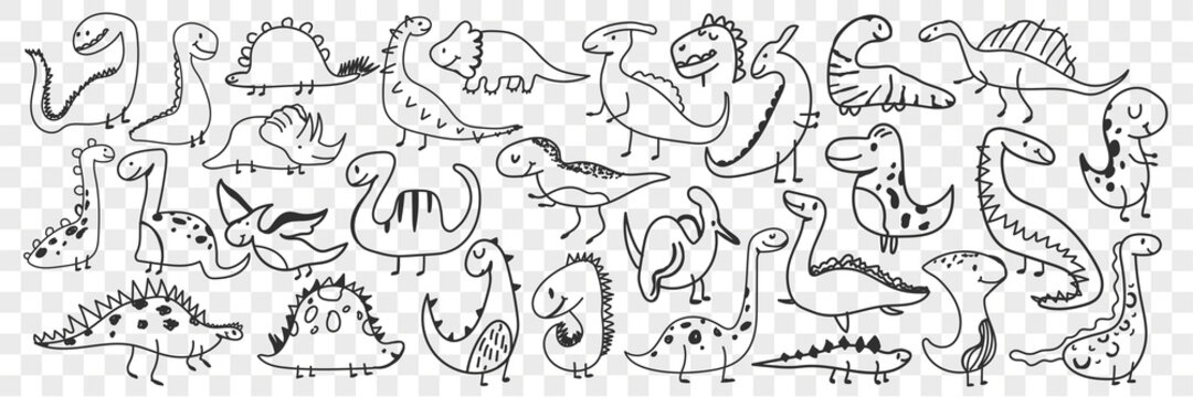 Funny dinosaurs doodle set. Collection of hand drawn funny cute dinosaur of various shapes and ages enjoying life feeling happy isolated on transparent background. Illustration of dinosaur for kids
