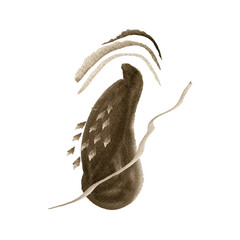 Watercolor abstract hand drawn illustration with sepia textured shape, lines and dots. An abstract square picture with a white background.