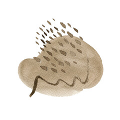 Watercolor abstract hand drawn illustration with sepia textured shape, line and dots. An abstract square picture with a white background.