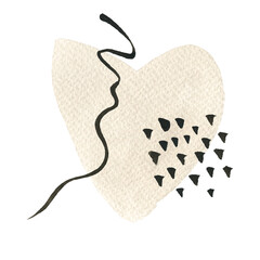 Watercolor abstract hand drawn illustration with a sandy textured shape, gray line and dots. A square abstract picture with a white background.