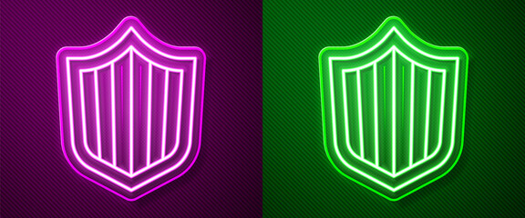 Glowing neon line Shield icon isolated on purple and green background. Guard sign. Security, safety, protection, privacy concept. Vector.