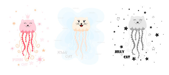 Card with a cat. Sea cat postcard. Kitten fish with shells, starfish, jellyfish. Vector graphics.