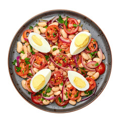 A Piyaz salad on black plate on dark slate table top. Turkish cuisine vegetarian dish. Middle eastern cuisine food. Top view