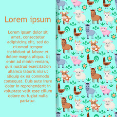 Farm animals pattern. Collection of cartoon cute baby animals. Cow, sheep, goat, horse, donkey, pig, cock, chicken.