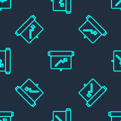 Green line Board with graph chart icon isolated seamless pattern on blue background. Report text file icon. Accounting sign. Audit, analysis, planning. Vector.