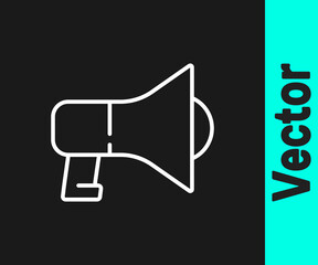 White line Megaphone icon isolated on black background. Speaker sign. Vector.