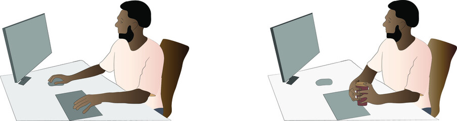 Fototapeta premium Young dark-skinned African American businessman works at the computer, pauses and drinks coffee. Work from home or office.