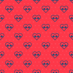 Blue line Heart rate icon isolated seamless pattern on red background. Heartbeat sign. Heart pulse icon. Cardiogram icon. Vector.