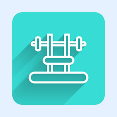 White line Bench with barbel icon isolated with long shadow. Gym equipment. Bodybuilding, powerlifting, fitness concept. Green square button. Vector.