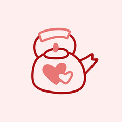 Valentines Day theme doodle Vector icon of hand drawn teapot with heart shape on a pink background.