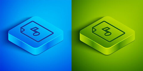 Isometric line Music book with note icon isolated on blue and green background. Music sheet with note stave. Notebook for musical notes. Square button. Vector.