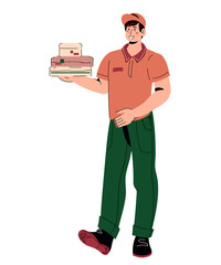 Young man courier of delivery services holding boxes, cartoon vector illustration isolated on white background. Restaurant or cafe delivery staff at work.