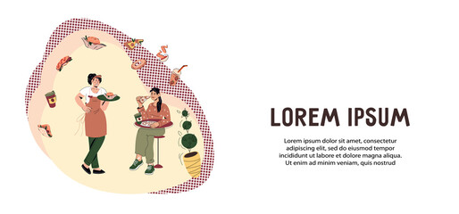 Flyer or banner with smiling waitress serving a customer, vector cartoon illustration. Advertising horizontal banner or poster for restaurant or fast food cafe.