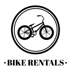 Bicycle rental icon, logo. Vector illustration with bike and text in black and white. Suitable for social media, mobile apps, marketing materials.