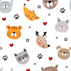 Never ending funny pattern for kids. Cute background with animal faces, stars, hearts and paws. Vector illustration for children fashion
