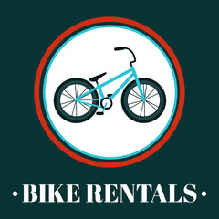 Bike rental. Vector illustration with a bicycle in a circle, text, lettering on a solid background. Suitable for social media, mobile apps, marketing materials.